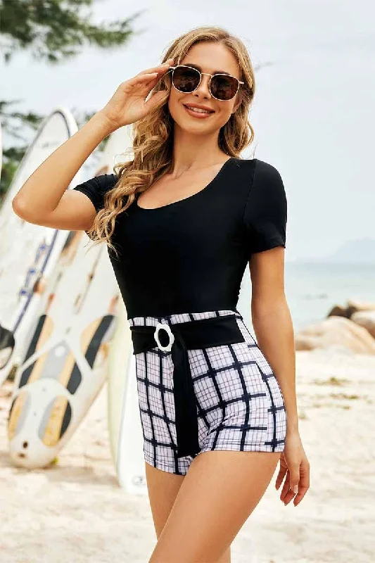 PLAID PANTS BELTED FULL BODY SWIMSUIT Elegant Ruffled Bikini