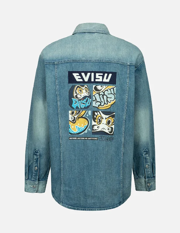 Graffiti Darma Grid Graphic Print Denim Shirt Jacket Faux Fur Jacket Real Fur Jacket Shearling Jacket