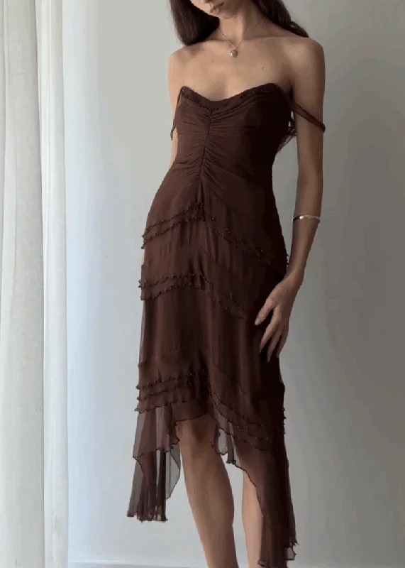 Brown Spaghetti Straps Layered Elegant Midi Party Dress, DP2717 Bodycon Fitted Nightout Brown Spaghetti Straps Layered Elegant Midi Party Dress, DP2717 Bodycon Fitted Nightout