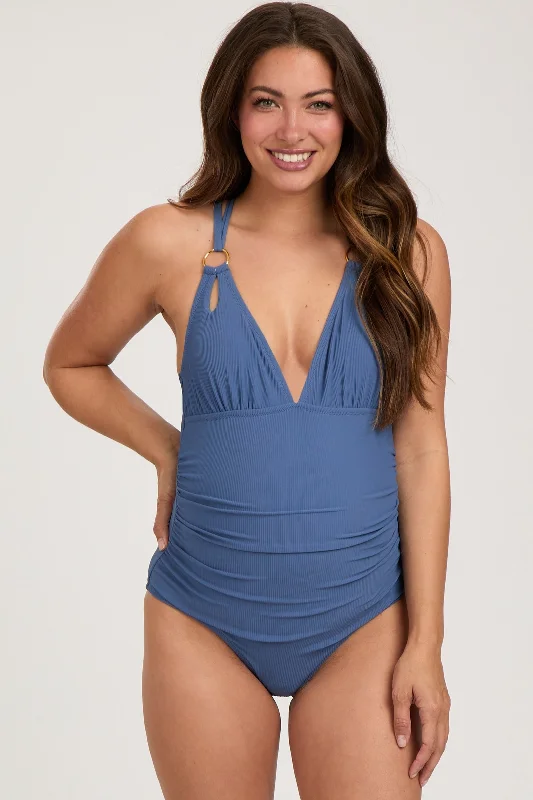 Blue Ribbed V-Neck Ruched Criss Cross Low Back Maternity One Piece Swimsuit Strap Bikini Set Blue Ribbed V-Neck Ruched Criss Cross Low Back Maternity One Piece Swimsuit Strap Bikini Set