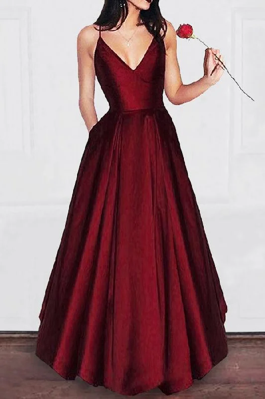 A Line Spaghetti Straps Satin Prom Dress Long Party Dress With Pocket Sequined Elegant Party