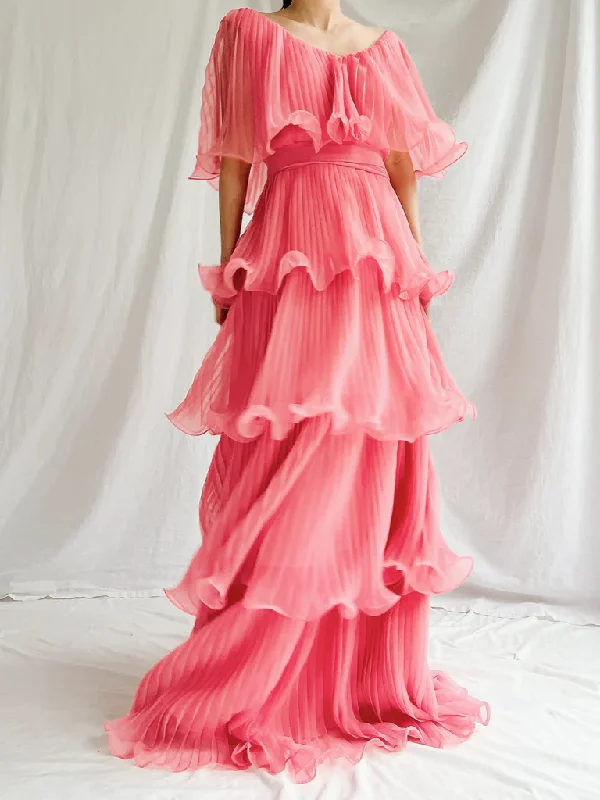 Watermelon Red Chiffon A-Line Tiered Elegant Long Party Dress, DP2539 Tunics Short Trendy Watermelon Red Chiffon A-Line Tiered Elegant Long Party Dress, DP2539 Tunics Short Trendy