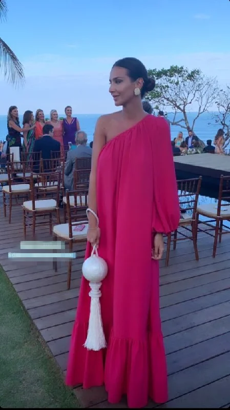 Hot Pink One Shoulder A-Line Long Party Dress Guest Dress, DP3460 Tunics Wedding white