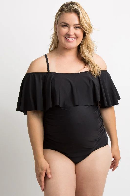 PinkBlush Black Ruffle Trim Ruched One-Piece Maternity Plus Swimsuit Adjustable Bikini Bottoms PinkBlush Black Ruffle Trim Ruched One-Piece Maternity Plus Swimsuit Adjustable Bikini Bottoms