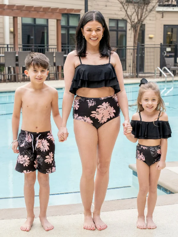 Family Pink & Black Wildflowers Swimsuit Ruffled Swimsuit Top