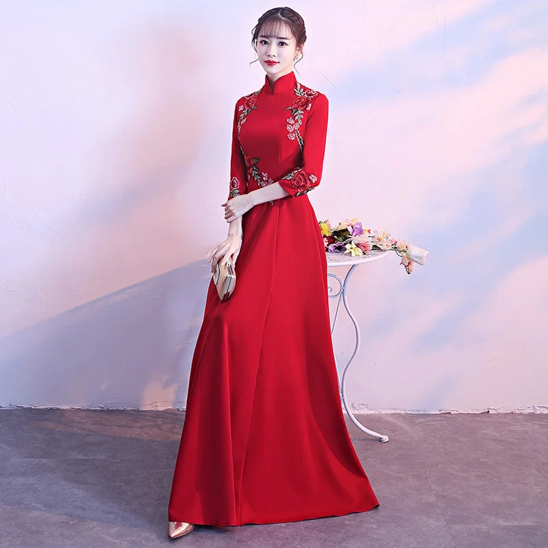 Long Sleeve Floral Embroidery Cheongsam Top Chinese Wedding Party Dress Tunics Silk luxurious Long Sleeve Floral Embroidery Cheongsam Top Chinese Wedding Party Dress Tunics Silk luxurious