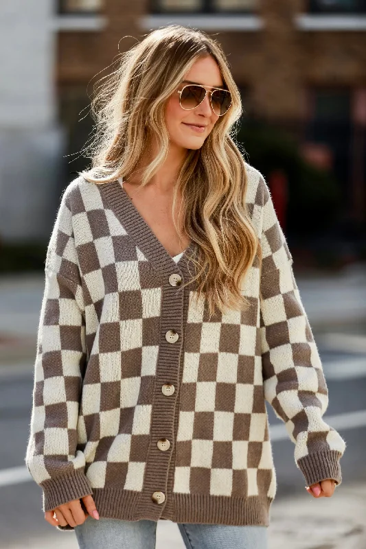 FINAL SALE - Upscale Perfection Mocha Checkered Sweater Cardigan Real Fur Shearling Chenille