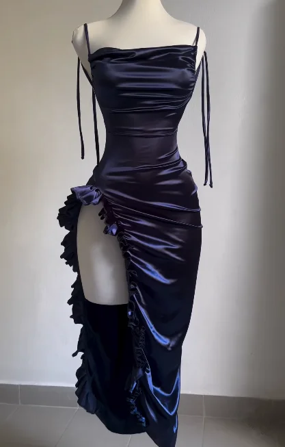 Navy Blue Open Back Ruffles Midi Length Party Dress, DP2588 Sequined Elegant Party