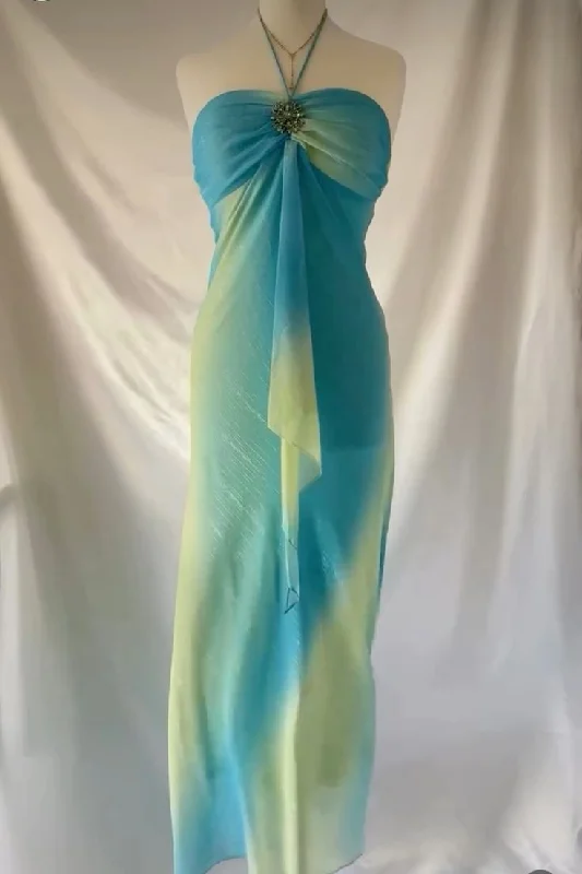 Blue Gradient Halter Chiffon Vintage Long Party Dress, DP3455 Tunics Seasonal trendy