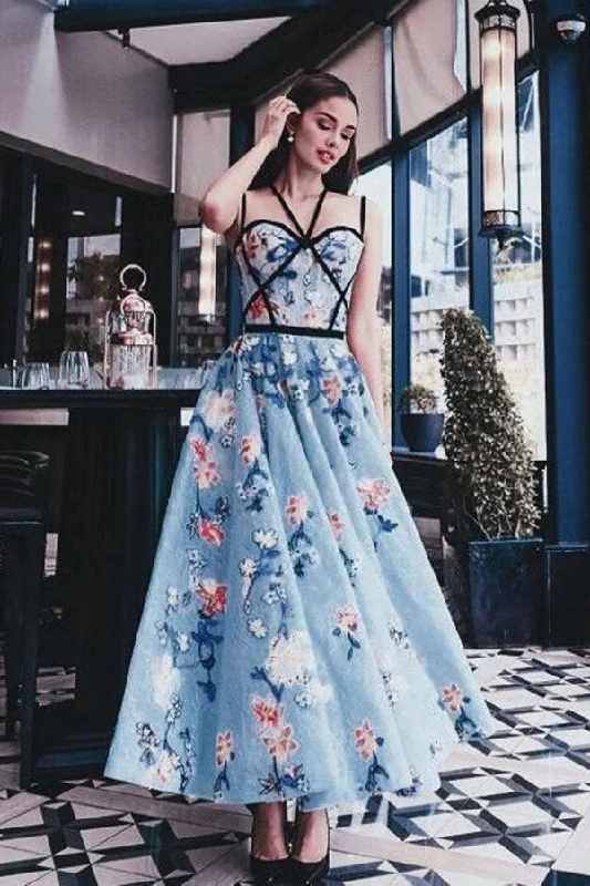 Chic Blue Floral Printed A Line Long Prom Dress Pretty Party Dresses OKG19 Tunics Gym athletic Chic Blue Floral Printed A Line Long Prom Dress Pretty Party Dresses OKG19 Tunics Gym athletic