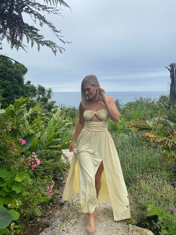 Light Yellow Backless A-Line Long Party Dress with Slit, DP2457 Tunics stripes playful Light Yellow Backless A-Line Long Party Dress with Slit, DP2457 Tunics stripes playful
