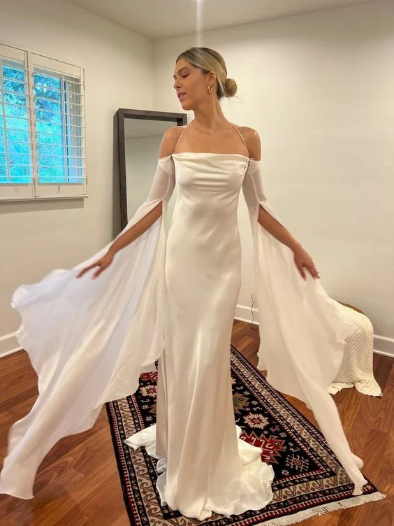 White Halter Off Shoulder Sheath Satin Unique Long Party Dress, DP3449 Tunics Vintage classic