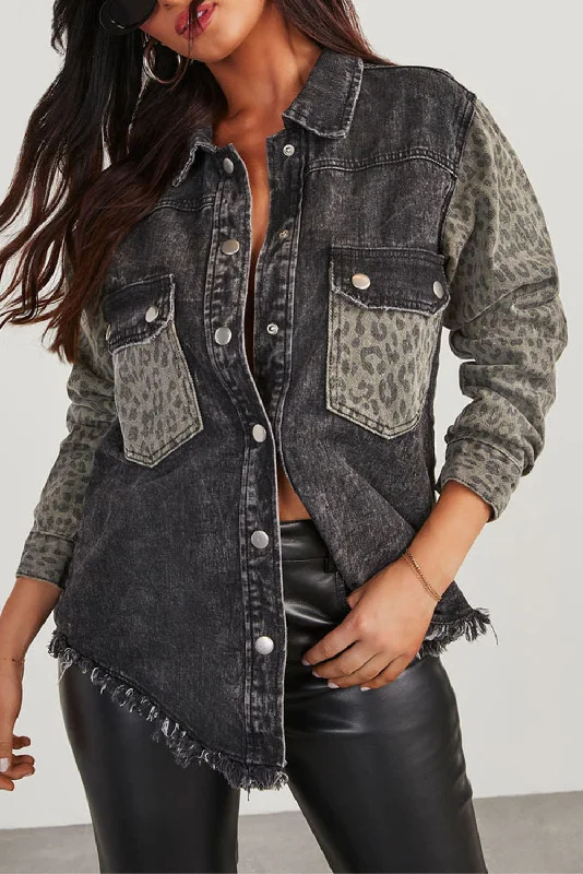 Black Leopard Patch Pocket Vintage Raw Hem Denim Jacket Fitted Jacket Loose Jacket Oversized Jacket