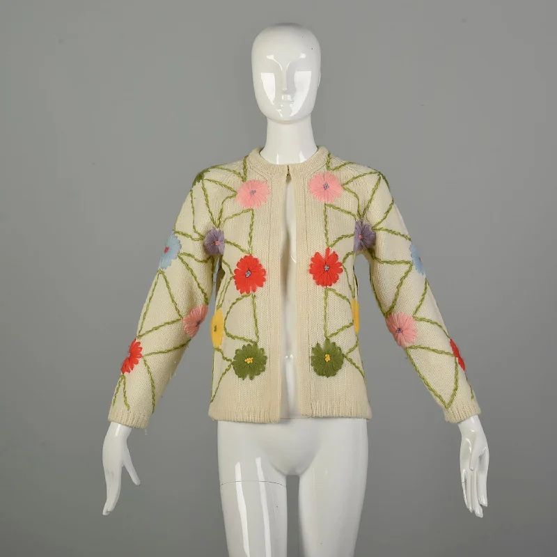 Small 1960s Embroidered Cardigan Sweater Colorful Flowers On Off-White Knit Cashmere Blend Cotton Blend Poly Blend