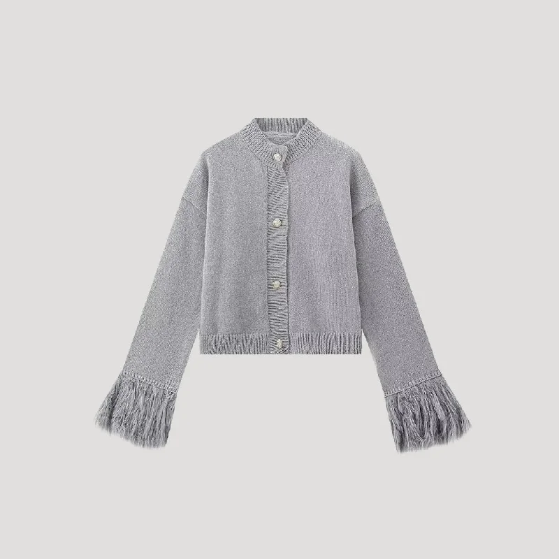 Fringed sleeve buttoned knit cardigan Mesh Cardigan Canvas Denim