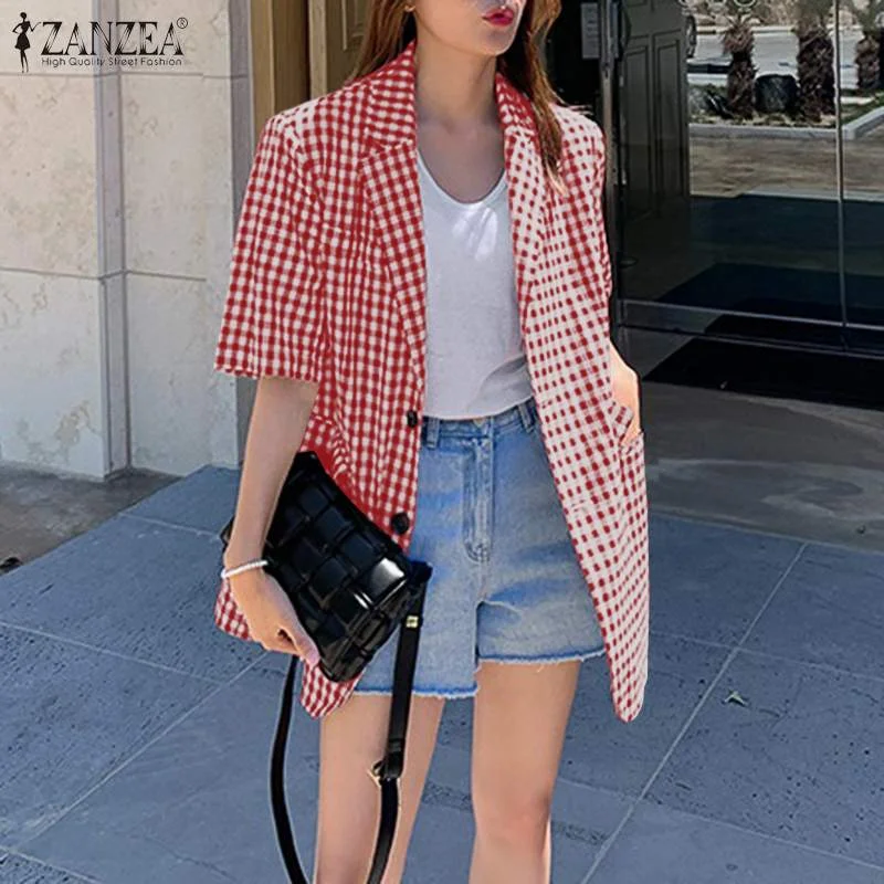 Summer Blazers ZANZEA Women Plaid Checked Blazer Suits Casual Lapel Neck Short Sleeve Outwear Buttons Loose Thin Jackets Zippered Front Buttoned Front Snap Front