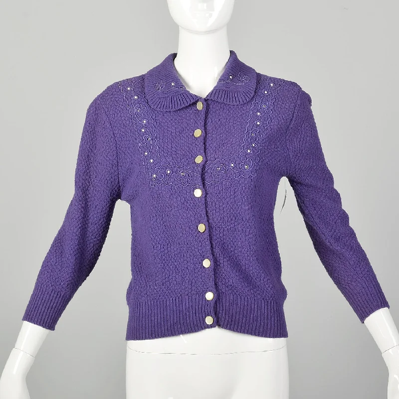 1950s Purple Embroidered Cardigan Sweater Terry Terry Cloth Terry Knit
