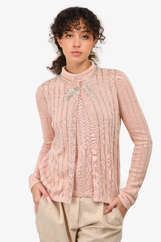 Blumarine Pink Knit Beaded Detail Button Cardigan Est. Size M Long Cardigan Short Cardigan Medium Cardigan