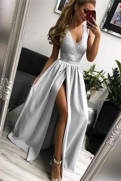 Cheap Silver Long V-neck Lace Satin Prom Dress For Teens Split Party Dresses OKI57 Tunics Denim casual Cheap Silver Long V-neck Lace Satin Prom Dress For Teens Split Party Dresses OKI57 Tunics Denim casual