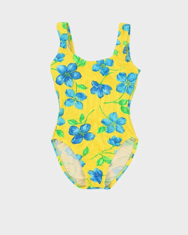 Catalina Yellow With Blue Flowers Swimsuit - S Tie-Back Swimwear