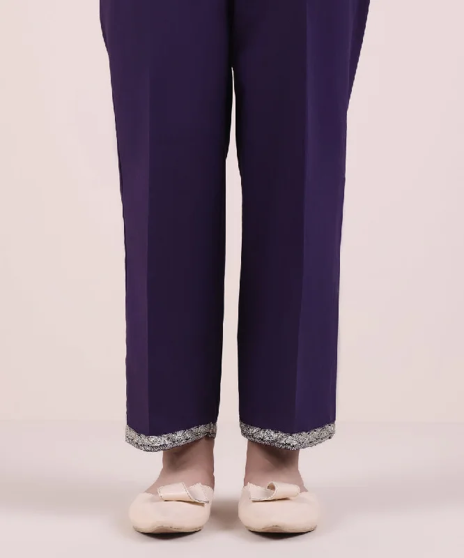 Embroidered Cambric Straight Pants Soft Stretch Leggings