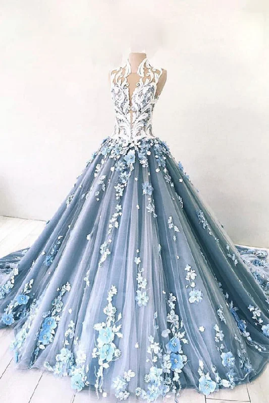 Ball Gown Sky Blue Tulle Prom Dress Floral Party Dress Tunics Fashionable trendy
