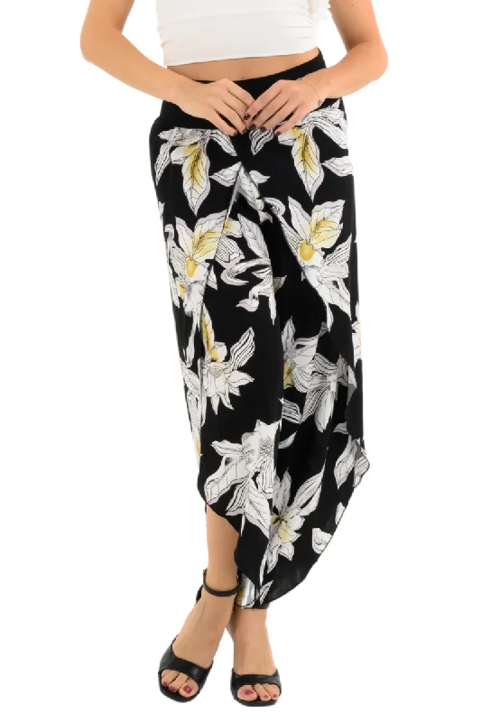 Black Floral Print Wrap Tango Pants Relaxed Lounge Trousers