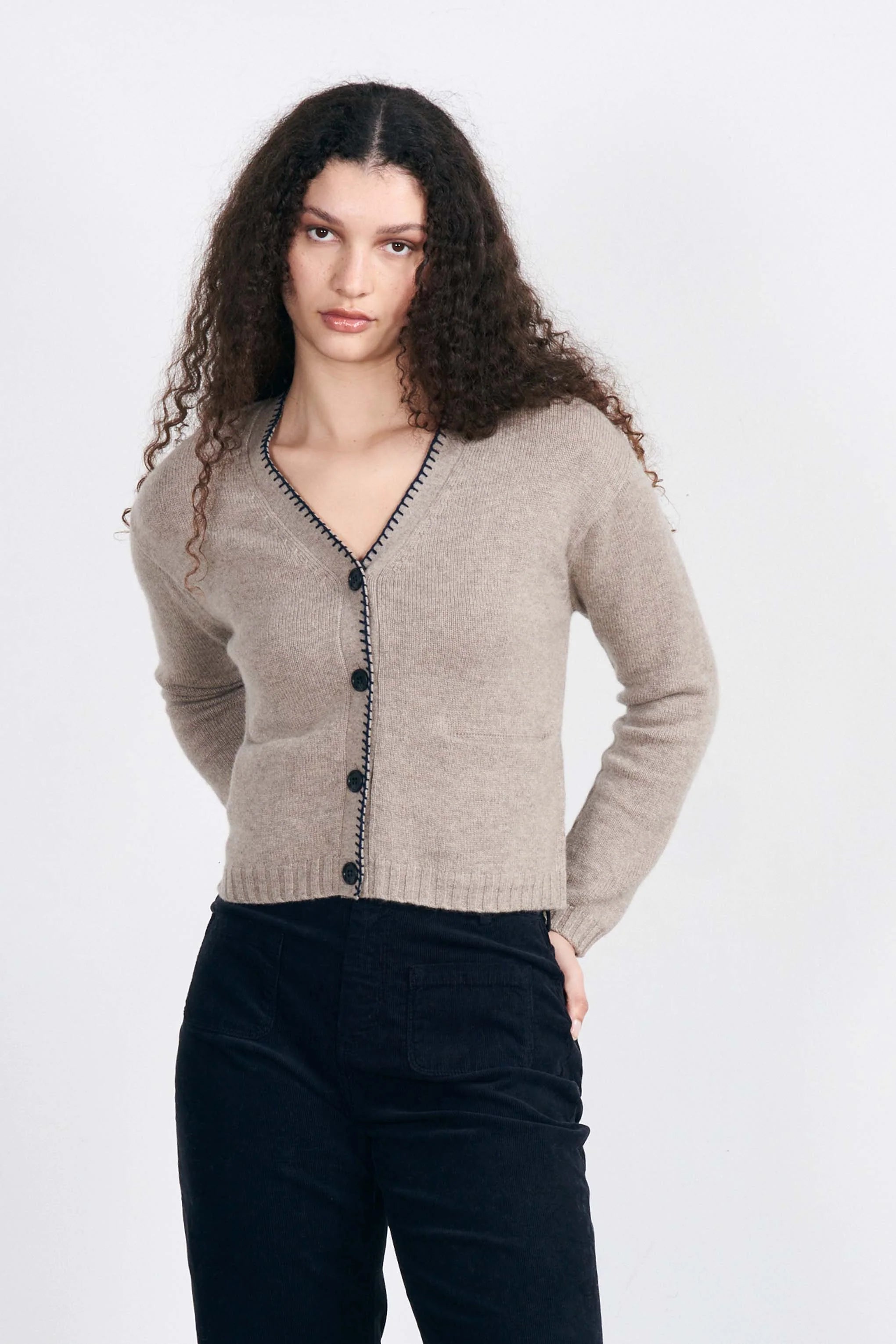 Blanket Stich Cardigan Mesh Fabric Canvas Fabric Denim Fabric