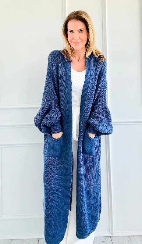 Sugar High Long  Italian Cardigan- Denim Blue Nylon Fabric Polyester Fabric Spandex Fabric