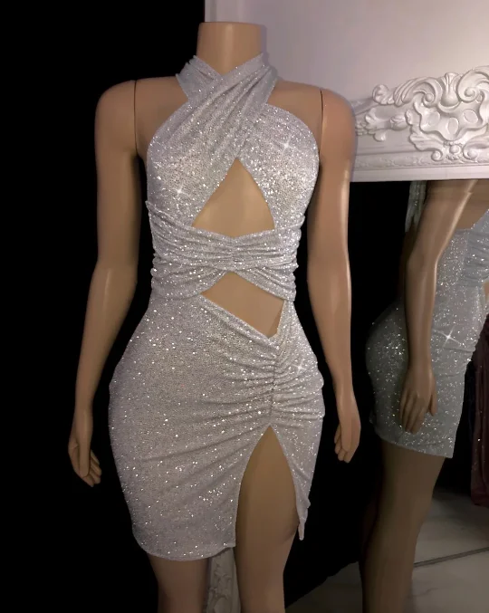 Sliver Shiny Halter Cut Out Bodycon Short Party Dress, DP2607 Tunics Luxurious high-end Sliver Shiny Halter Cut Out Bodycon Short Party Dress, DP2607 Tunics Luxurious high-end