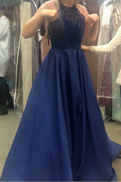 Royal Blue Beading Princess Ball Gown Prom Dresses,new Sexy Party Dress For Teens OK104 Satin Halter Glamorous