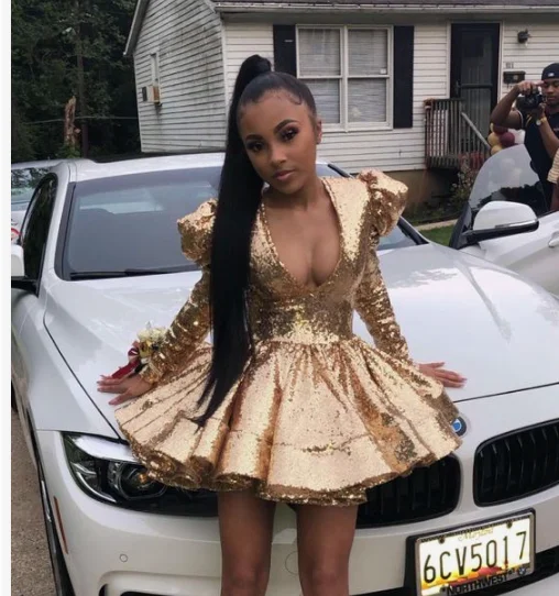 Gold Sequined Puffy Mini Homecoming Dress Sparkly Long Sleeves Simple Above Knee Cocktail Party Dress c3312 High-Low Hemline Casual Gold Sequined Puffy Mini Homecoming Dress Sparkly Long Sleeves Simple Above Knee Cocktail Party Dress c3312 High-Low Hemline Casual