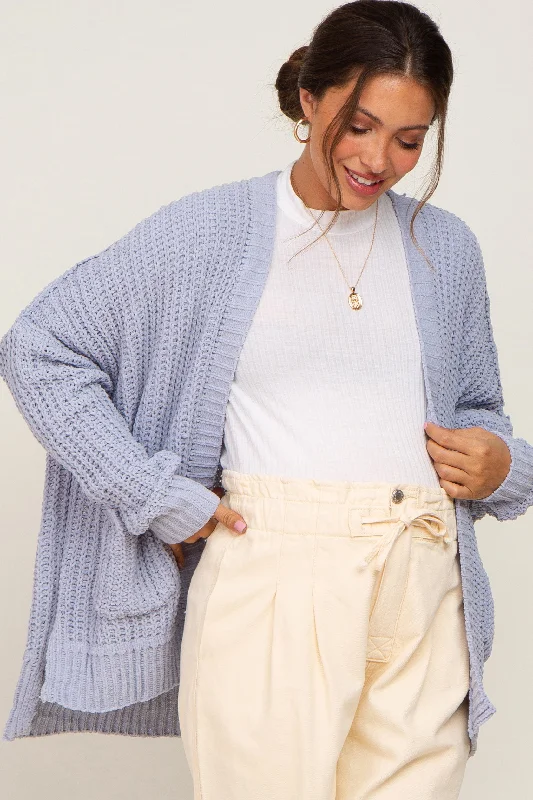 Light Blue Chunky Knit Oversized Maternity Cardigan Fleece Cardigan Nylon Polyester