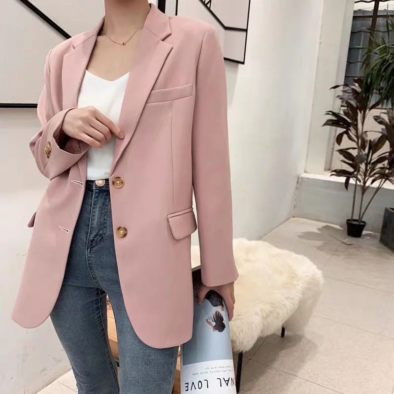 Pink Blazer Women's Korean Version British Chic Streetwear Office Ladies Elegant Casual Loose Long Sleeve Jacket Faux Fur Jacket Real Fur Jacket Shearling Jacket
