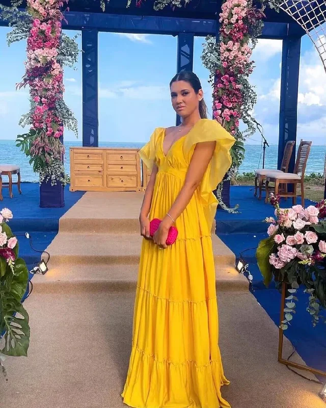 Yellow V Neck A-Line Elegant Long Party Dress, DP2438 Tunics Winter warm