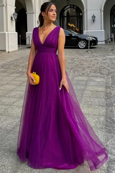 Dark Purple V Neck A-Line Tulle Long Formal Party Dress, DP3387 Pleated Skirt Elegant