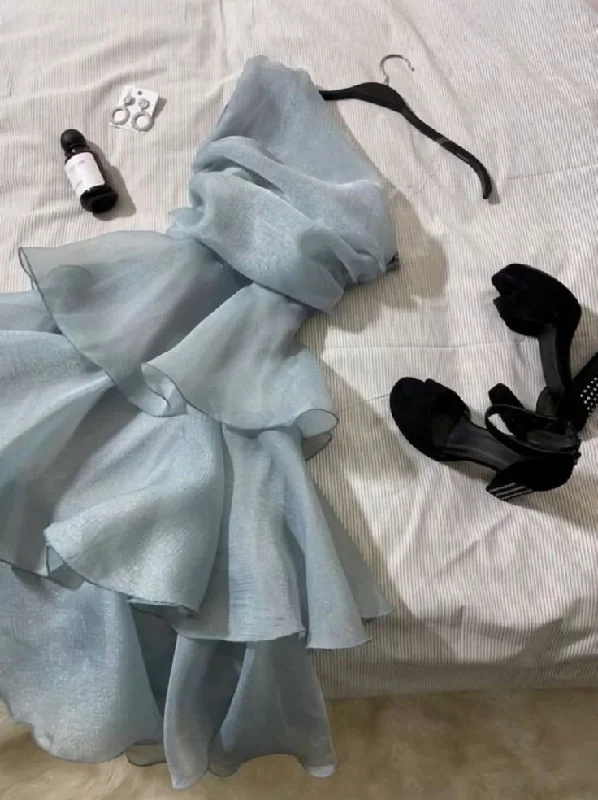 Dusty Blue One Shoulder Layered Chiffon Short Party Dress DP2725 Lace Sexy Club