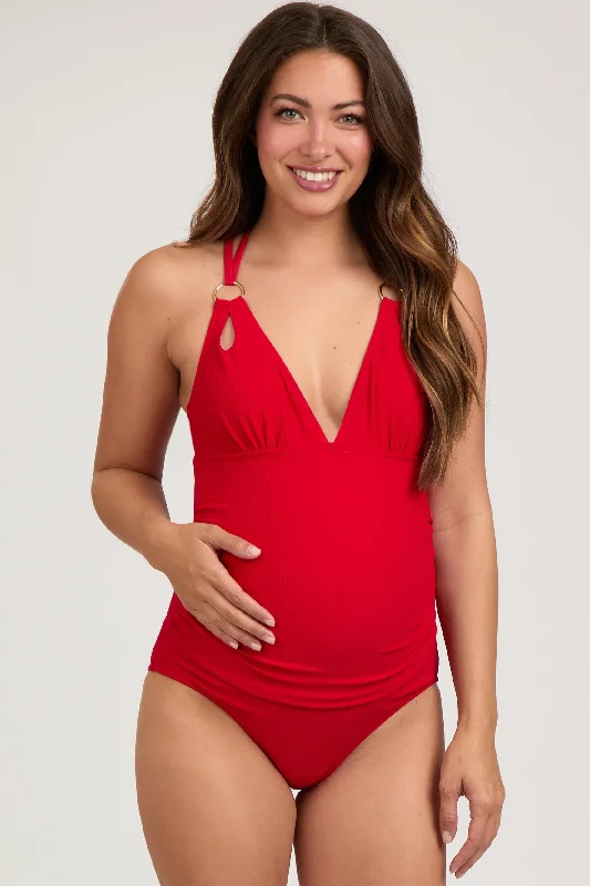 Red Ribbed V-Neck Ruched Criss Cross Low Back Maternity One Piece Swimsuit Plunge Neckline Swimsuit Red Ribbed V-Neck Ruched Criss Cross Low Back Maternity One Piece Swimsuit Plunge Neckline Swimsuit