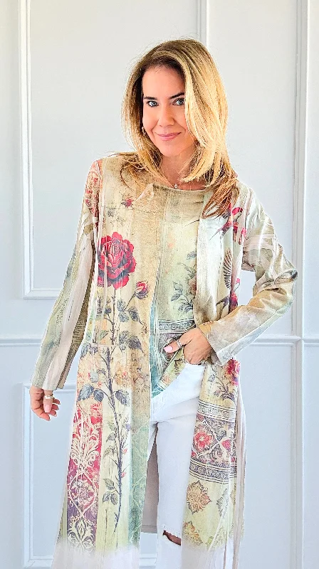 Garden Reverie Long Cardigan Zippered Front Buttoned Front Snap Front