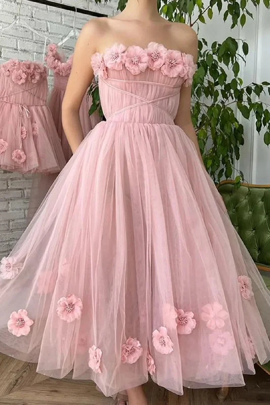 A Line Tea Length Pink Floral Prom Dresses, Formal School Party Dresses OK1992 Tunics Evening elegant A Line Tea Length Pink Floral Prom Dresses, Formal School Party Dresses OK1992 Tunics Evening elegant