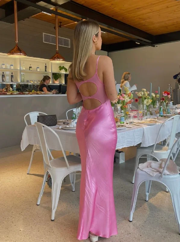 Pink Spaghetti Straps Sheath Satin Long Party Dress, DP2460 Crew Neckline Sporty