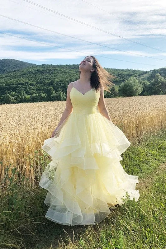 Yellow Layered Tulle Long Prom Dress V Neck Party Dress WP437 Tunics Essential wardrobe