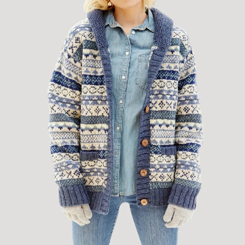 Cozy Fair Isle knit cardigan with hood Tailored Straight A-Line