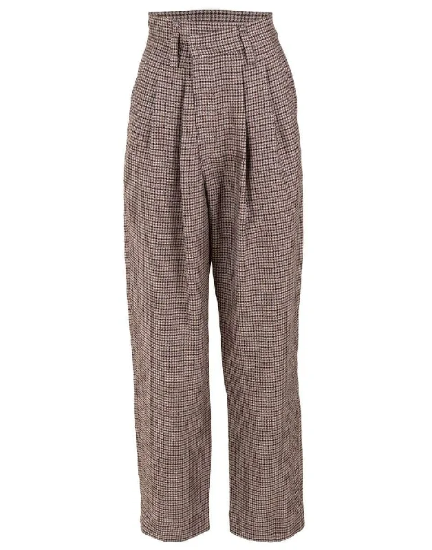 Fango Houndstooth Asymmetrical Closure Pleated Cuffed Pant Classic Flared Pants