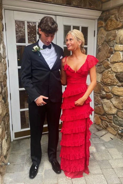 Charming Red V Neck Lace Tiered Long Party Dress, DP2698 Tunics Long Elegant