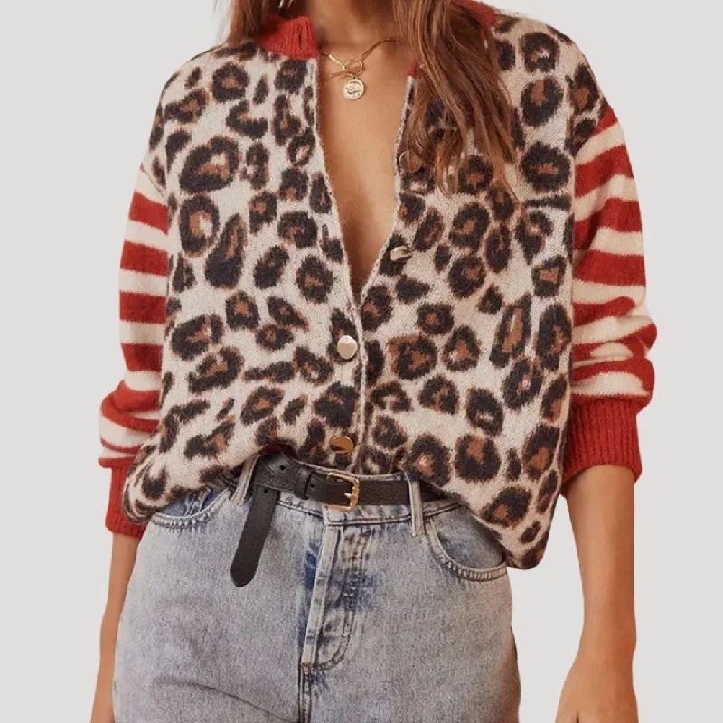 Leopard and striped knit cardigan Embroidered Appliqued Beaded