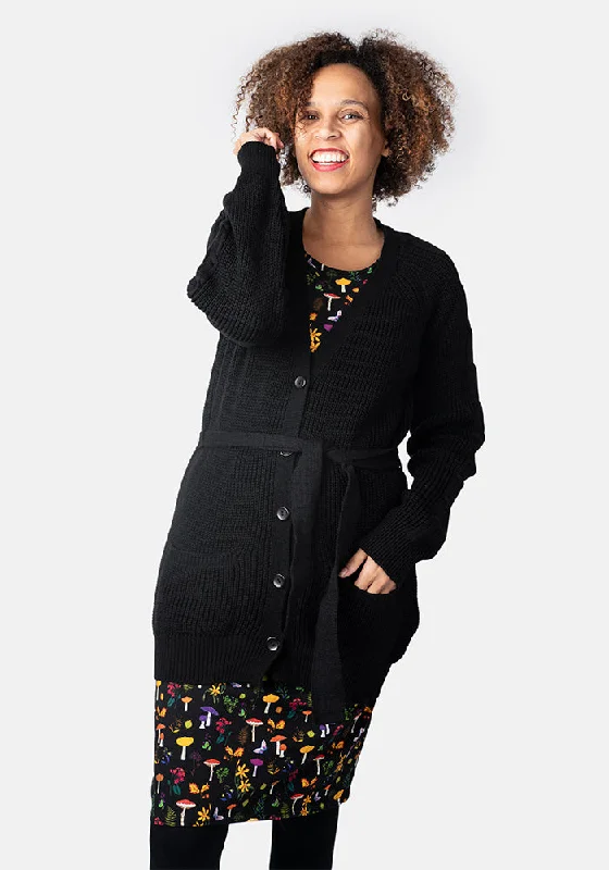 Black Long Line Cable Sleeve Cardigan Terry Terry Cloth Terry Knit