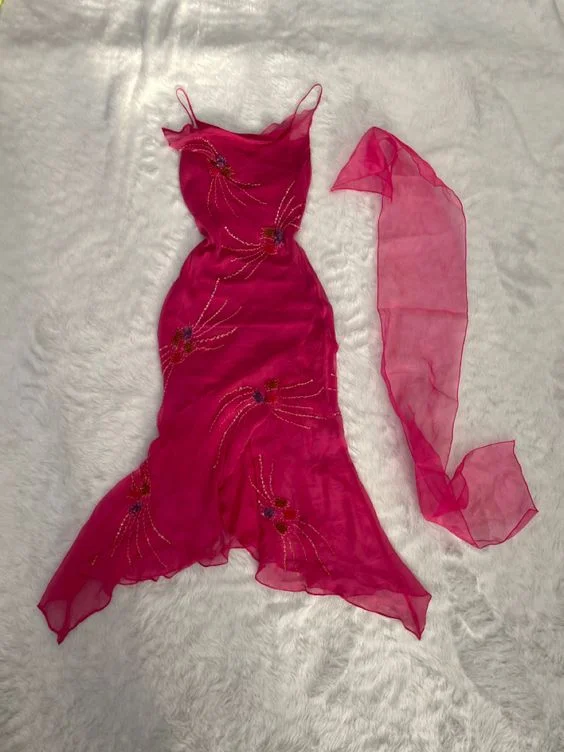 Fuchsia Spaghetti Straps Chiffon Vintage Beading Party Dress, DP2512 Tunics Bridal satin Fuchsia Spaghetti Straps Chiffon Vintage Beading Party Dress, DP2512 Tunics Bridal satin