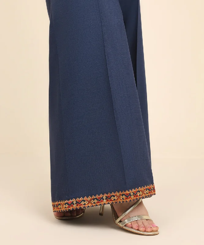 Embroidered Raw Silk Flared Pants High-Waist Trousers