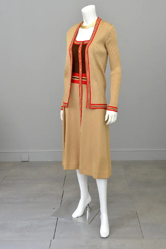 1970s Camel Brown Red Color Block Cardigan Sweater Spandex Blend Rayon Blend Denim Blend